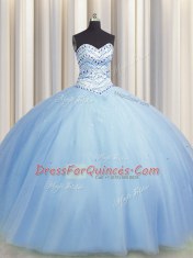 Customized Bling-bling Big Puffy Light Blue Ball Gowns Beading Vestidos de Quinceanera Lace Up Tulle Sleeveless Floor Length