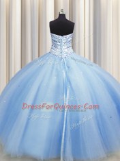 Customized Bling-bling Big Puffy Light Blue Ball Gowns Beading Vestidos de Quinceanera Lace Up Tulle Sleeveless Floor Length