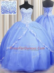Nice Organza Sweetheart Sleeveless Brush Train Lace Up Beading and Appliques Quinceanera Dresses in Baby Blue