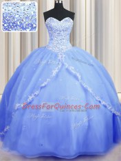 Nice Organza Sweetheart Sleeveless Brush Train Lace Up Beading and Appliques Quinceanera Dresses in Baby Blue
