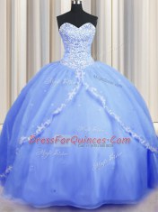 Nice Organza Sweetheart Sleeveless Brush Train Lace Up Beading and Appliques Quinceanera Dresses in Baby Blue