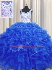Royal Blue Sleeveless Organza Lace Up Quinceanera Gown for Military Ball and Sweet 16 and Quinceanera