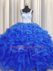 Royal Blue Sleeveless Organza Lace Up Quinceanera Gown for Military Ball and Sweet 16 and Quinceanera