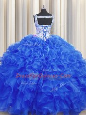 Royal Blue Sleeveless Organza Lace Up Quinceanera Gown for Military Ball and Sweet 16 and Quinceanera