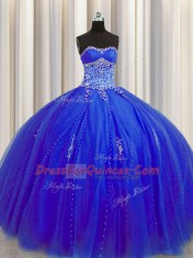 Glamorous Puffy Skirt Royal Blue Tulle Lace Up Ball Gown Prom Dress Sleeveless Floor Length Beading and Appliques