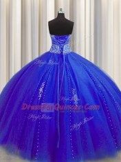 Glamorous Puffy Skirt Royal Blue Tulle Lace Up Ball Gown Prom Dress Sleeveless Floor Length Beading and Appliques