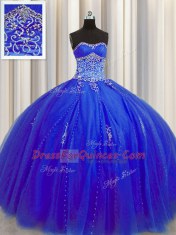 Glamorous Puffy Skirt Royal Blue Tulle Lace Up Ball Gown Prom Dress Sleeveless Floor Length Beading and Appliques
