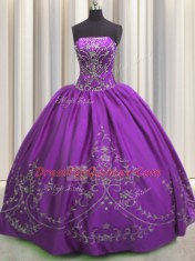 Embroidery Floor Length Ball Gowns Sleeveless Eggplant Purple Sweet 16 Dresses Lace Up