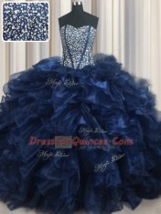 Unique Visible Boning Bling-bling Navy Blue Lace Up 15th Birthday Dress Beading and Ruffles Sleeveless With Brush Train