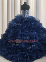 Unique Visible Boning Bling-bling Navy Blue Lace Up 15th Birthday Dress Beading and Ruffles Sleeveless With Brush Train