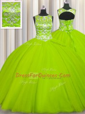 Scoop Yellow Green Tulle Lace Up Quinceanera Gown Sleeveless Floor Length Beading