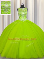Scoop Yellow Green Tulle Lace Up Quinceanera Gown Sleeveless Floor Length Beading