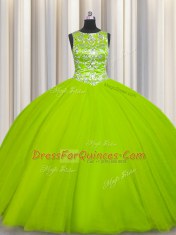 Scoop Yellow Green Tulle Lace Up Quinceanera Gown Sleeveless Floor Length Beading