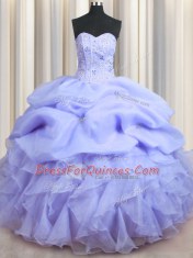 Fashion Visible Boning Ball Gowns Quinceanera Dresses Lavender Sweetheart Organza Sleeveless Floor Length Lace Up