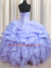 Fashion Visible Boning Ball Gowns Quinceanera Dresses Lavender Sweetheart Organza Sleeveless Floor Length Lace Up