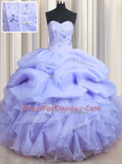 Fashion Visible Boning Ball Gowns Quinceanera Dresses Lavender Sweetheart Organza Sleeveless Floor Length Lace Up