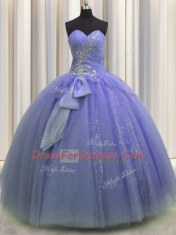 Decent Floor Length Lavender Sweet 16 Quinceanera Dress Tulle Sleeveless Beading and Sequins and Bowknot