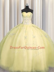 Sumptuous Really Puffy Light Yellow Sleeveless Floor Length Beading and Appliques Zipper Quinceanera Dresses