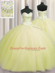Popular Bling-bling Puffy Skirt Floor Length Ball Gowns Sleeveless Light Yellow Quince Ball Gowns Lace Up