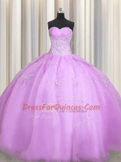 Sweetheart Sleeveless Quinceanera Dresses Floor Length Beading and Appliques Lilac Organza
