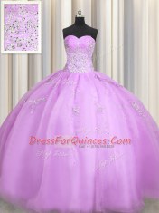 Sweetheart Sleeveless Quinceanera Dresses Floor Length Beading and Appliques Lilac Organza