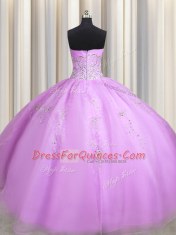 Sweetheart Sleeveless Quinceanera Dresses Floor Length Beading and Appliques Lilac Organza