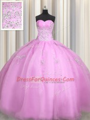 Fabulous Lilac Ball Gowns Organza Sweetheart Sleeveless Beading and Appliques Floor Length Lace Up 15 Quinceanera Dress