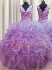 Sexy V Neck Zipper Up Floor Length Zipper Quinceanera Gown Lilac for Military Ball and Sweet 16 and Quinceanera with Ruffles