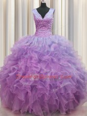 Sexy V Neck Zipper Up Floor Length Zipper Quinceanera Gown Lilac for Military Ball and Sweet 16 and Quinceanera with Ruffles