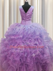 Sexy V Neck Zipper Up Floor Length Zipper Quinceanera Gown Lilac for Military Ball and Sweet 16 and Quinceanera with Ruffles