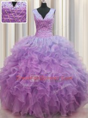 Sexy V Neck Zipper Up Floor Length Zipper Quinceanera Gown Lilac for Military Ball and Sweet 16 and Quinceanera with Ruffles