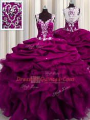 See Through Back Sleeveless Floor Length Beading and Ruffles and Sequins Zipper Sweet 16 Quinceanera Dress with Fuchsia