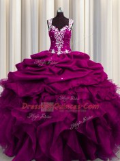 See Through Back Sleeveless Floor Length Beading and Ruffles and Sequins Zipper Sweet 16 Quinceanera Dress with Fuchsia