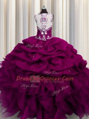 See Through Back Sleeveless Floor Length Beading and Ruffles and Sequins Zipper Sweet 16 Quinceanera Dress with Fuchsia