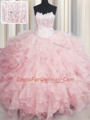 Shining Visible Boning Baby Pink Scalloped Neckline Beading and Ruffles Ball Gown Prom Dress Sleeveless Lace Up