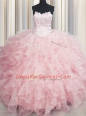 Shining Visible Boning Baby Pink Scalloped Neckline Beading and Ruffles Ball Gown Prom Dress Sleeveless Lace Up