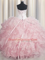 Shining Visible Boning Baby Pink Scalloped Neckline Beading and Ruffles Ball Gown Prom Dress Sleeveless Lace Up
