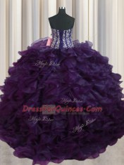 Romantic Visible Boning Bling-bling Sweetheart Sleeveless Brush Train Lace Up Quinceanera Dresses Dark Purple Organza