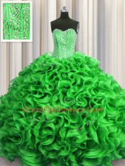 Luxurious Visible Boning Green Ball Gowns Organza Sweetheart Sleeveless Beading and Ruffles Floor Length Lace Up Quinceanera Dress