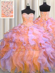 Sleeveless Floor Length Beading and Appliques and Ruffles Lace Up Quince Ball Gowns with Multi-color