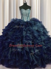 Vintage Visible Boning Bling-bling Navy Blue Lace Up Sweetheart Beading and Ruffles Ball Gown Prom Dress Organza Sleeveless Brush Train