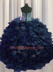 Vintage Visible Boning Bling-bling Navy Blue Lace Up Sweetheart Beading and Ruffles Ball Gown Prom Dress Organza Sleeveless Brush Train
