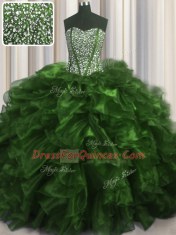 Visible Boning Sweetheart Sleeveless Quince Ball Gowns With Brush Train Beading and Ruffles Olive Green Organza