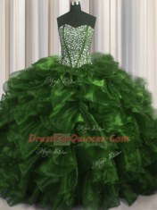 Visible Boning Sweetheart Sleeveless Quince Ball Gowns With Brush Train Beading and Ruffles Olive Green Organza