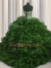 Visible Boning Sweetheart Sleeveless Quince Ball Gowns With Brush Train Beading and Ruffles Olive Green Organza