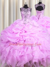 Cheap See Through Lilac Ball Gowns Organza Scoop Sleeveless Beading and Ruffles and Pick Ups Floor Length Lace Up Quinceanera Gown