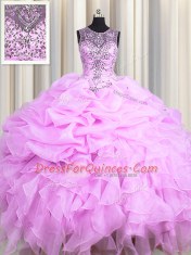 Cheap See Through Lilac Ball Gowns Organza Scoop Sleeveless Beading and Ruffles and Pick Ups Floor Length Lace Up Quinceanera Gown