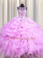 Cheap See Through Lilac Ball Gowns Organza Scoop Sleeveless Beading and Ruffles and Pick Ups Floor Length Lace Up Quinceanera Gown