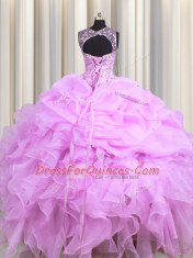 Cheap See Through Lilac Ball Gowns Organza Scoop Sleeveless Beading and Ruffles and Pick Ups Floor Length Lace Up Quinceanera Gown