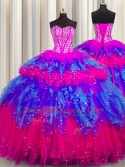 Smart Bling-bling Visible Boning Multi-color Tulle Lace Up Sweetheart Sleeveless Floor Length Sweet 16 Dress Beading and Ruffles and Ruffled Layers and Sequins